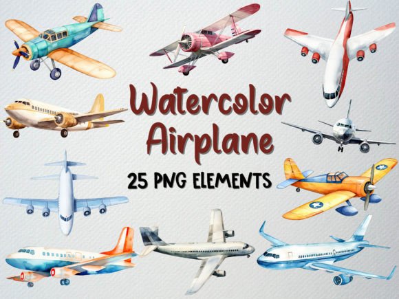 Download Watercolor Airplane Clipart Set, 25 PNG - Airplane clipart Collection